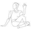 Woman doing yoga Half Spinal Twist Pose. Continuous line drawing. Yoga class exercise concept. Vector illustration