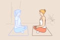 Woman doing yoga with hologram virtual trainer sitting on fitness mat in lotus position