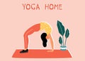 Woman doing yoga at home. Illustration with Chakrasana, Wheel Pose Royalty Free Stock Photo