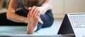 woman doing yoga at home watching online videos Royalty Free Stock Photo