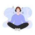 Woman doing yoga, listening to music at home, female character in wireless headphones in lotus position, calm peaceful Royalty Free Stock Photo