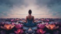 Woman Doing Yoga With Lotus Flowers And Chakra Gradient Colors - Spiritual Contemplation, generative ai Royalty Free Stock Photo