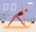 Woman doing yoga on mat at home vector flat illustration. Sportswoman practicing domestic workout. Female enjoying