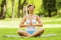 Woman doing yoga on the meadow. Royalty Free Stock Photo