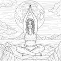 Woman Doing Yoga in nature. Full moon.Coloring book antistress for children and adults.