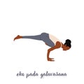 Woman doing yoga, pilates, fitness training, asana Eka Pada Galavasana, Flying Pigeon or flying crow Pose, One-Legged Balance