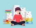 Woman doing yoga. Pile of paper, busy stressed employee with stack of documents in carton, cardboard box. Paperwork. Bureaucracy. Royalty Free Stock Photo