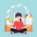 Woman doing yoga. Pile of paper, busy stressed employee with stack of documents in carton, cardboard box. Paperwork. Bureaucracy.