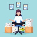 Woman doing yoga, sitting on office chair. Pile of paper, busy stressed employee with stack of documents in carton, cardboard box