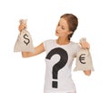 Woman with dollar and euro signed bags