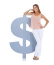 Woman, dollar sign and studio portrait for saving, money goals or investment for future by white background. Financial