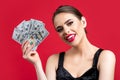 Woman with dollars in hand. Portrait woman holding money banknotes. Girl holding cash money in dollar banknotes. Woman Royalty Free Stock Photo