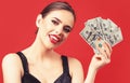 Woman with dollars in hand. Portrait woman holding money banknotes. Girl holding cash money in dollar banknotes. Woman Royalty Free Stock Photo