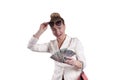 Woman dollars shopping bags, surprise isolated Royalty Free Stock Photo