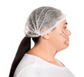 Woman with double chin ready for cosmetic surgery operation onh background Royalty Free Stock Photo