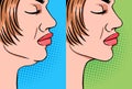 Woman double chin tightening before and after the procedure, vector illustration in pop art comics style eps10