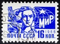 woman with dove of peace in blue vintage stamp