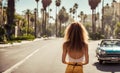 Woman down the 60s California street in vintage vibes