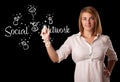 Woman draving social network theme on whiteboard Royalty Free Stock Photo