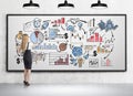 Woman drawing colorful icons on whiteboard Royalty Free Stock Photo