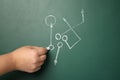 Woman drawing football game scheme on chalkboard