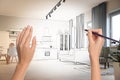 Woman drawing kitchen interior. Combination of photo and sketch Royalty Free Stock Photo