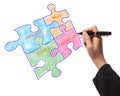 Woman drawing the marketing mix idea jigsaws