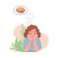 Woman dreaming of hamburger vector flat cartoon illustration. Hungry woman wishing to eat fast food.