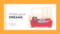 Woman Dreaming, Relax Landing Page Template. Relaxed Female Character Lying in Comfortable Sofa with Book in Hands