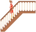 Woman in dress climbs stairs holding on to railing. Ladder, wooden staircase with handrail fence Royalty Free Stock Photo