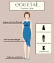 Woman dress code infographic. Cocktail. Female in dressy blue midi dress Royalty Free Stock Photo