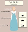 Woman dress code infographic. White tie. Female in evening long gown dress