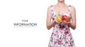 Woman in a dress floral print in the hands fruit apple pear pattern Royalty Free Stock Photo