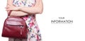 Woman in a dress in a hand a female leather red bag handbag pattern Royalty Free Stock Photo