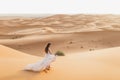 Woman in dress, sand dunes in desert, warm evening light, beautiful pastel tone Royalty Free Stock Photo