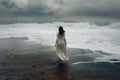 woman dress sea sky storm wave cloud nature ocean beach summer. Generative AI.