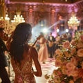 a woman in a dress is singing into a microphone at a wedding reception