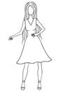Woman in a dress. Sketch. Lady with flowing hair in a beautiful pose. Sleeveless dress.Doodle style