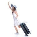 Woman in dress and summer hat, travel suitcase, luggage smiling happiness walking goes Royalty Free Stock Photo