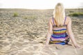 Woman in dress take sunbath at day Royalty Free Stock Photo