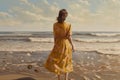 dress woman sea beach summer fashion female lifestyle hippie beautiful person. Generative AI. Royalty Free Stock Photo