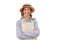 Woman dressed apron white background Caucasian middle age  female business owner in uniform Royalty Free Stock Photo