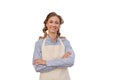 Woman dressed apron white background Caucasian middle age  female business owner in uniform Royalty Free Stock Photo