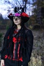 A woman dressed as Baron Saturday poses for the camera. The model is dressed in a corset, a cardigan and a cylinder hat Royalty Free Stock Photo