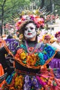 Mexico City, Mexico, ; October 26 2019: Woman dressed as catrina at the Parade of catrinas at the Day of the Dead celebrations in Royalty Free Stock Photo