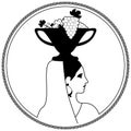 Woman dressed in the classical Greek or Roman style, carrying fruit bowl with grape leaves and grapes on her head. Vine