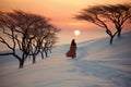 a woman dressed in gown, walking along trail in snow, between trees, beautiful nature at sunset, winter season, beautiful Royalty Free Stock Photo