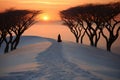 a woman dressed in gown, walking along trail in snow, between trees, beautiful nature at sunset, winter season, beautiful Royalty Free Stock Photo