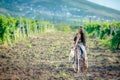 A woman dressed in a long Oriental dress with an Oriental appearance walks through a field between rows of grapes Royalty Free Stock Photo