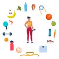 Woman dressed in sports clothes does exercises with dumbbells. Icons of healthy food, vegetables and sports equipment for